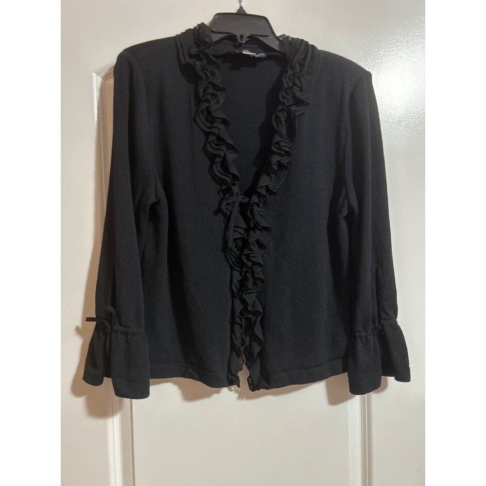 St. John Evening Women’s Santana Knit Silk Ruffle 2pc Pant Suit size 14 Black - Picture 9 of 11